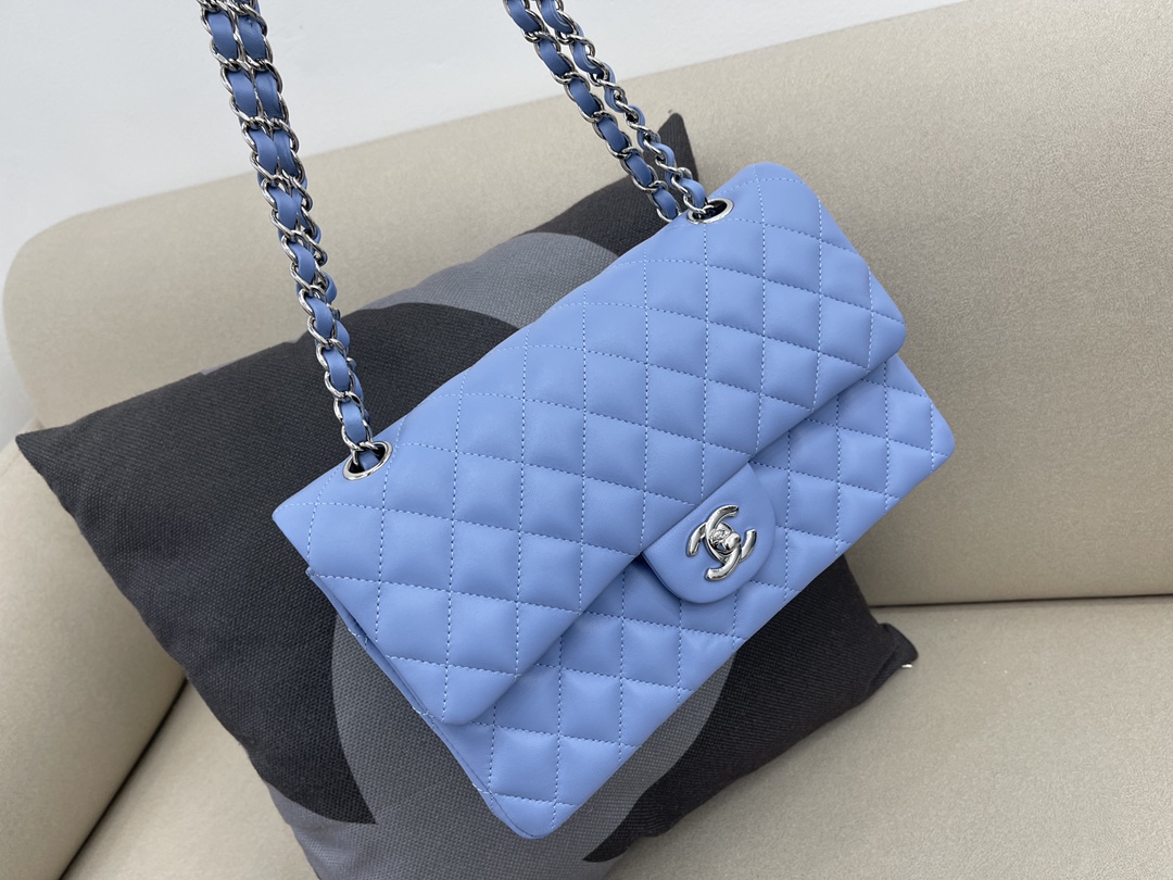 Medium Classic Flap Lambskin Bag AO1112 Baby Blue/Silver